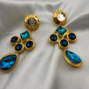 Anthropologie Bohemian Style Elegant Gold and Blue Statement Earrings